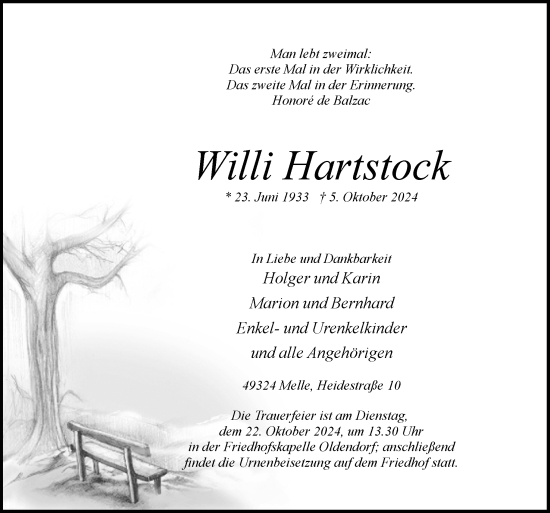 Traueranzeige von Willi Hartstock von Neue Osnabrücker Zeitung GmbH & Co. KG