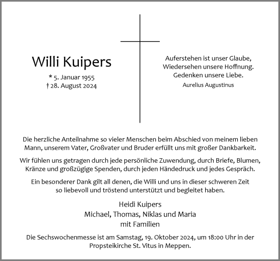 Traueranzeige von Willi Kuipers von Neue Osnabrücker Zeitung GmbH & Co. KG