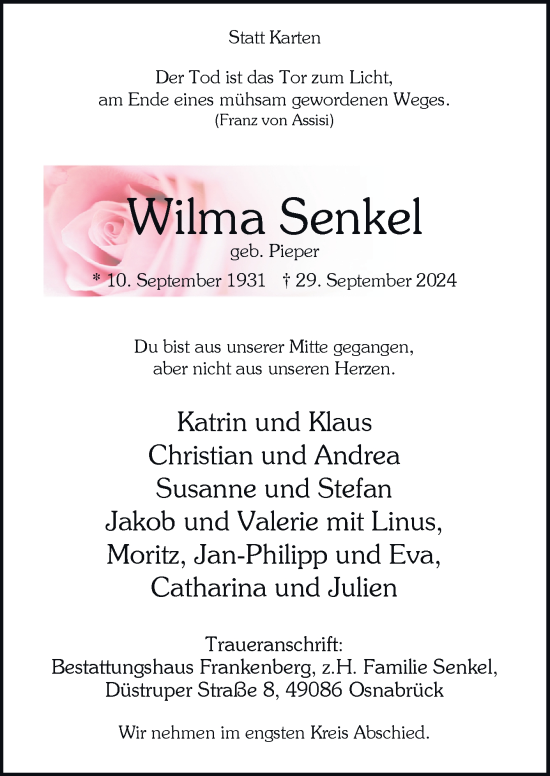 Traueranzeige von Wilma Senkel von Neue Osnabrücker Zeitung GmbH & Co. KG