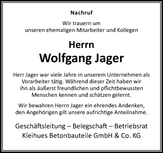 Traueranzeige von Wolfgang Jager von Neue Osnabrücker Zeitung GmbH & Co. KG