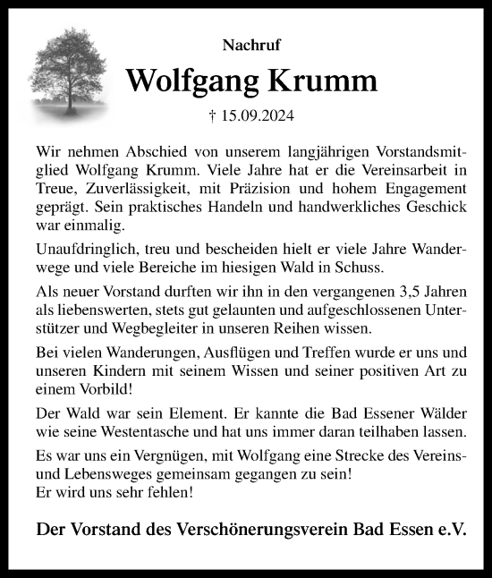 Traueranzeige von Wolfgang Krumm von Neue Osnabrücker Zeitung GmbH & Co. KG