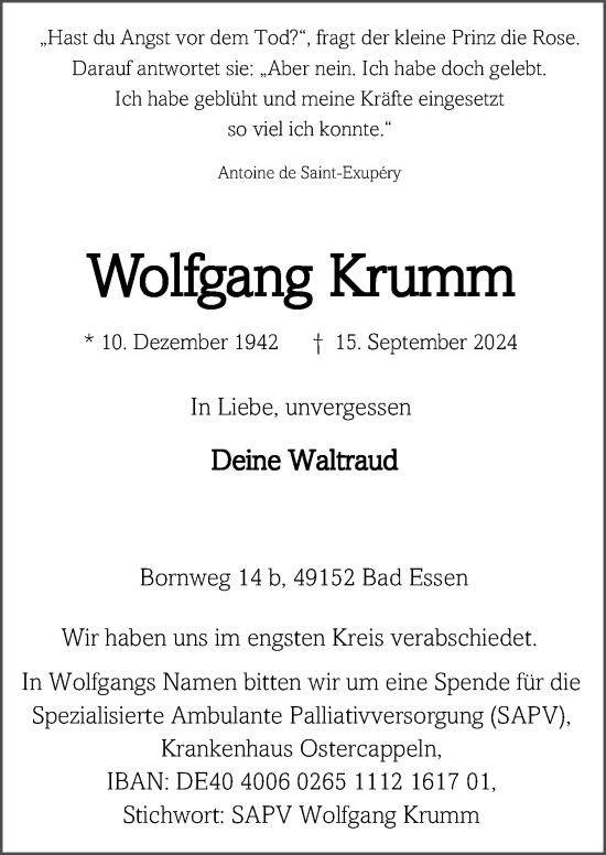 Traueranzeige von Wolfgang Krumm von Neue Osnabrücker Zeitung GmbH & Co. KG