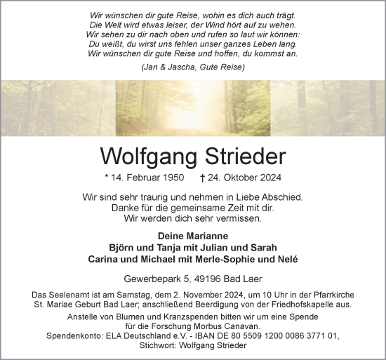 Traueranzeige von Wolfgang Strieder von Neue Osnabrücker Zeitung GmbH & Co. KG