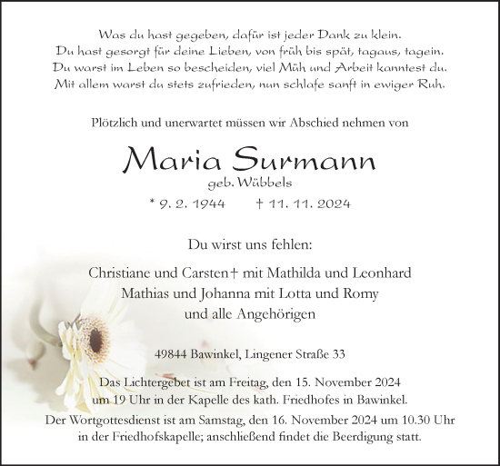 Traueranzeige von Maria Surmann von Neue Osnabrücker Zeitung GmbH & Co. KG