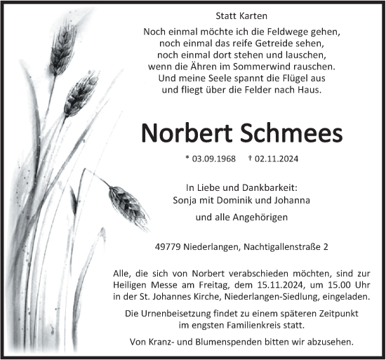 Traueranzeige von Norbert Schmees von Neue Osnabrücker Zeitung GmbH & Co. KG