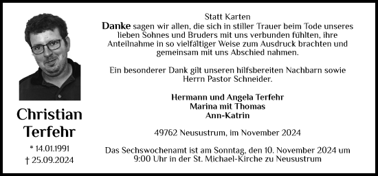 Traueranzeige von Christian Terfehr von Neue Osnabrücker Zeitung GmbH & Co. KG