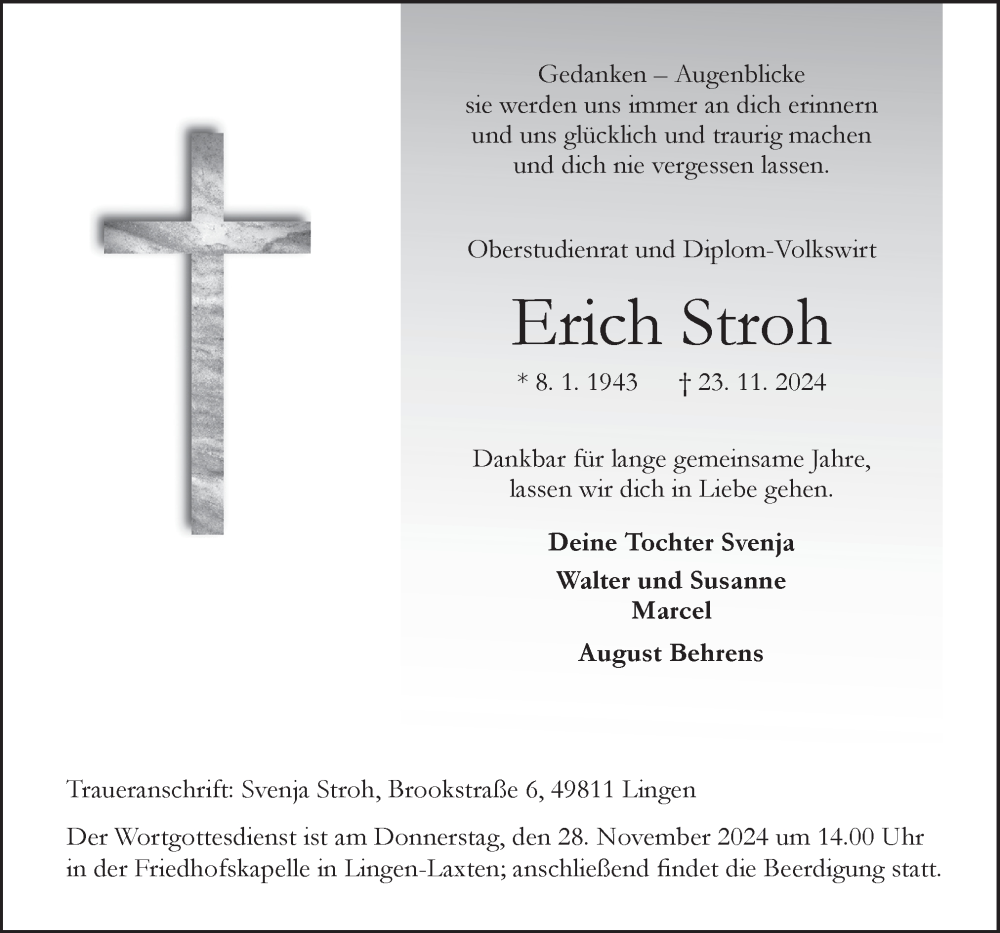  Traueranzeige für Erich Stroh vom 27.11.2024 aus Neue Osnabrücker Zeitung GmbH & Co. KG