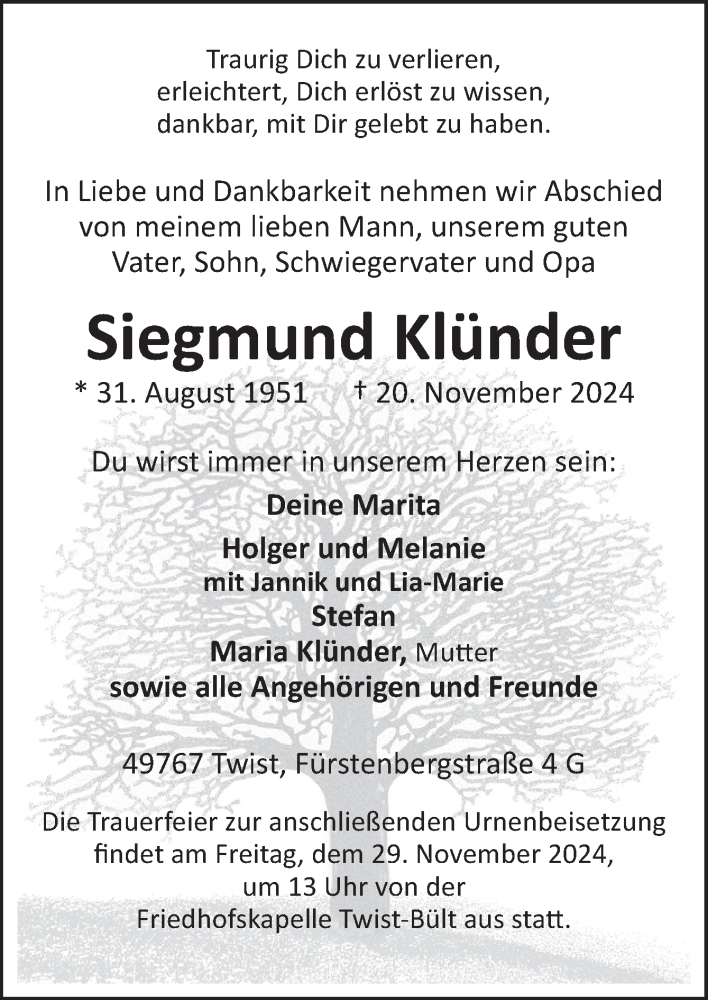  Traueranzeige für Siegmund Klünder vom 25.11.2024 aus Neue Osnabrücker Zeitung GmbH & Co. KG