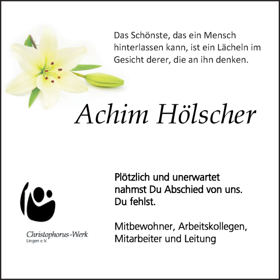 Traueranzeige von Achim Hölscher von Neue Osnabrücker Zeitung GmbH & Co. KG