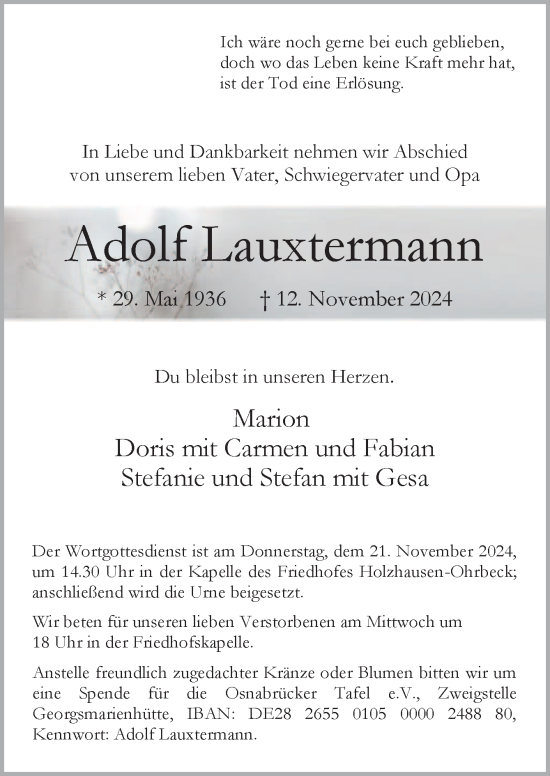 Traueranzeige von Adolf Lauxtermann von Neue Osnabrücker Zeitung GmbH & Co. KG