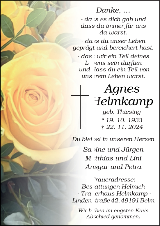 Traueranzeige von Agnes Helmkamp von Neue Osnabrücker Zeitung GmbH & Co. KG