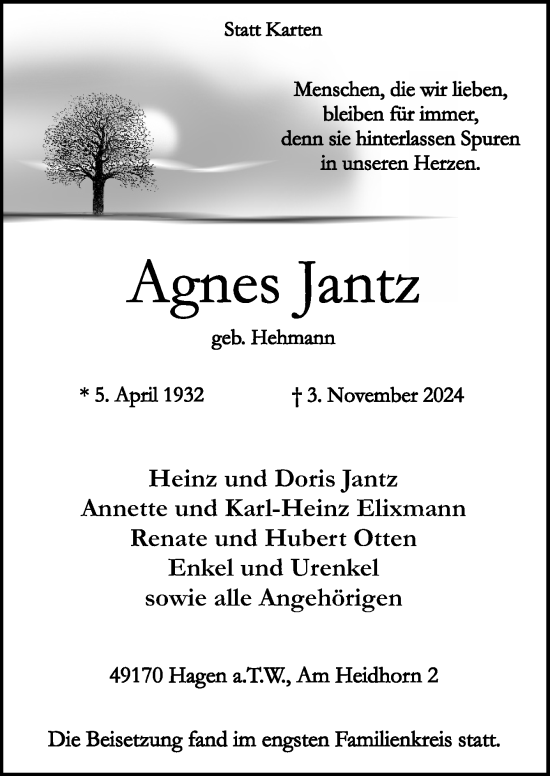 Traueranzeige von Agnes Jantz von Neue Osnabrücker Zeitung GmbH & Co. KG