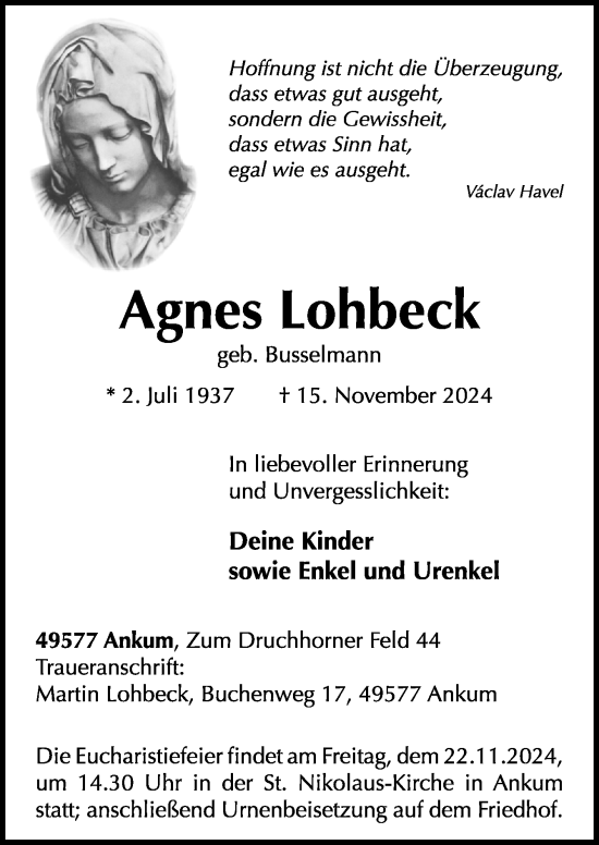 Traueranzeige von Agnes Lohbeck von Neue Osnabrücker Zeitung GmbH & Co. KG