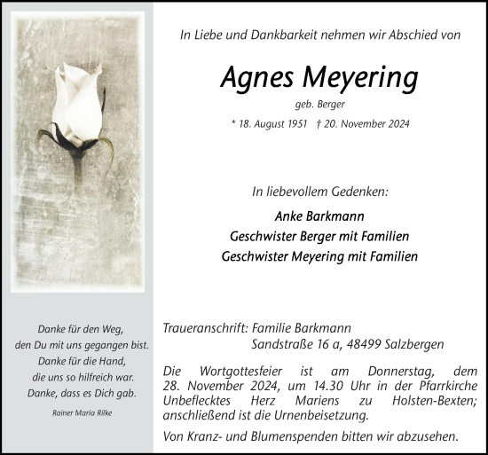 Traueranzeige von Agnes Meyering von Neue Osnabrücker Zeitung GmbH & Co. KG