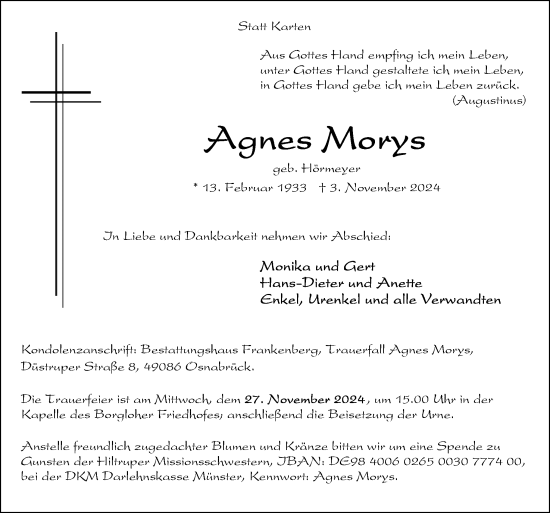 Traueranzeige von Agnes Morys von Neue Osnabrücker Zeitung GmbH & Co. KG