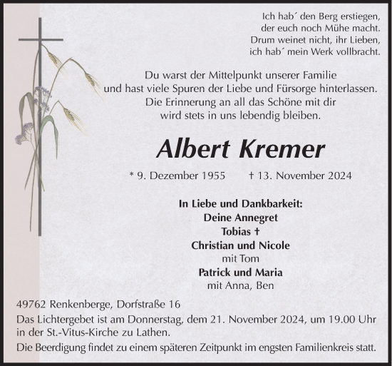 Traueranzeige von Albert Kremer von Neue Osnabrücker Zeitung GmbH & Co. KG