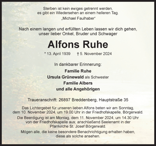 Traueranzeige von Alfons Ruhe von Neue Osnabrücker Zeitung GmbH & Co. KG