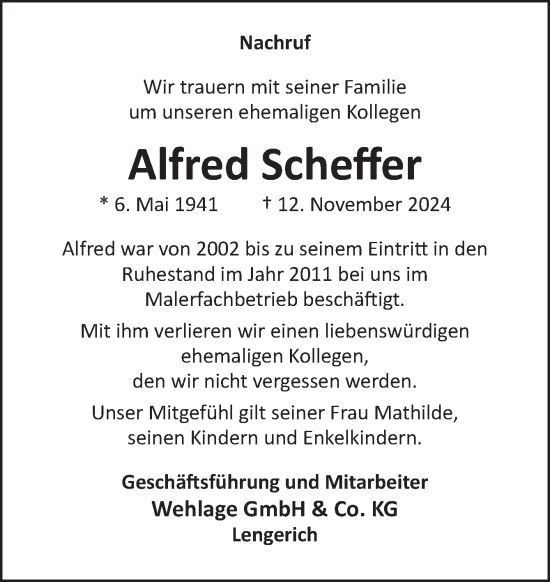 Traueranzeige von Alfred Scheffer von Neue Osnabrücker Zeitung GmbH & Co. KG