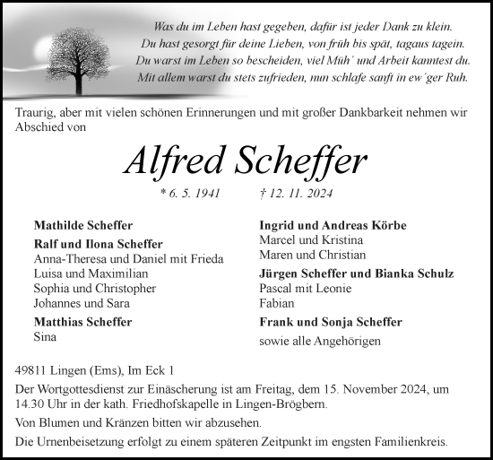 Traueranzeige von Alfred Scheffer von Neue Osnabrücker Zeitung GmbH & Co. KG