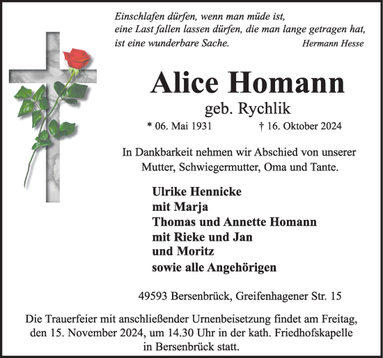 Traueranzeige von Alice Homann von Neue Osnabrücker Zeitung GmbH & Co. KG