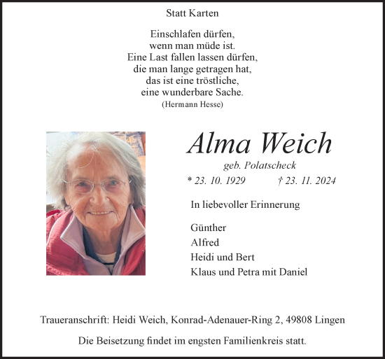 Traueranzeige von Alma Weich von Neue Osnabrücker Zeitung GmbH & Co. KG