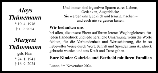 Traueranzeige von Aloys und Margret Thünemann von Neue Osnabrücker Zeitung GmbH & Co. KG