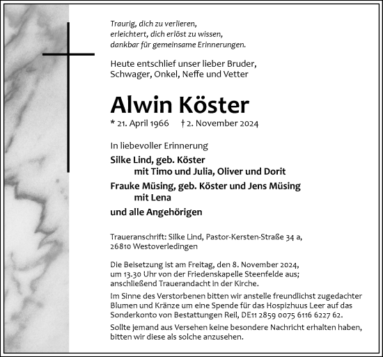 Traueranzeige von Alwin Köster von Neue Osnabrücker Zeitung GmbH & Co. KG