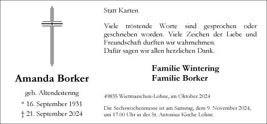 Traueranzeige von Amanda Borker von Neue Osnabrücker Zeitung GmbH & Co. KG