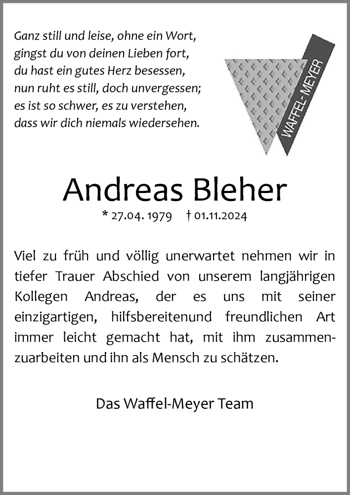  Traueranzeige für Andreas Bleher vom 13.11.2024 aus Neue Osnabrücker Zeitung GmbH & Co. KG