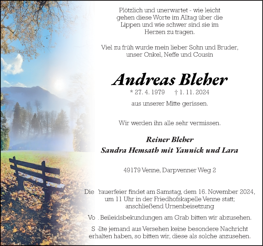  Traueranzeige für Andreas Bleher vom 13.11.2024 aus Neue Osnabrücker Zeitung GmbH & Co. KG