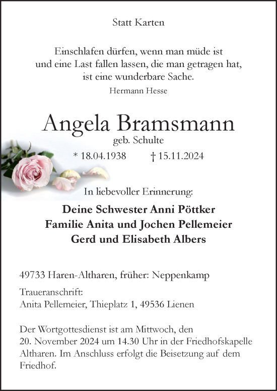 Traueranzeige von Angela Bramsmann von Neue Osnabrücker Zeitung GmbH & Co. KG