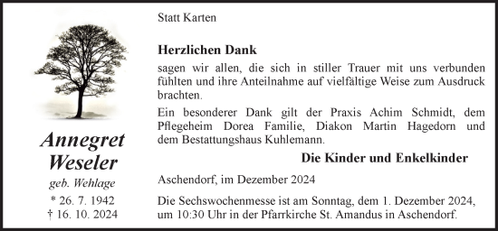 Traueranzeige von Annegret Weseler von Neue Osnabrücker Zeitung GmbH & Co. KG