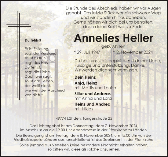 Traueranzeige von Annelies Heller von Neue Osnabrücker Zeitung GmbH & Co. KG