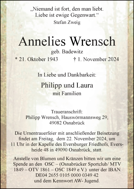 Traueranzeige von Annelies Wrensch von Neue Osnabrücker Zeitung GmbH & Co. KG