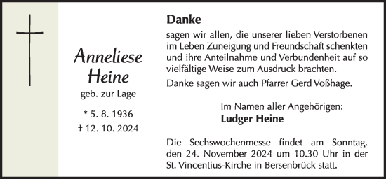 Traueranzeige von Anneliese Heine von Neue Osnabrücker Zeitung GmbH & Co. KG