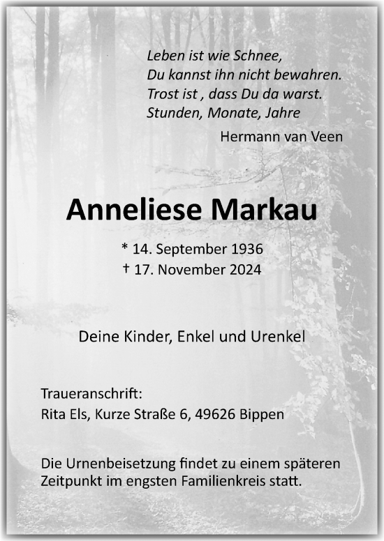 Traueranzeige von Anneliese Markau von Neue Osnabrücker Zeitung GmbH &amp; Co. KG