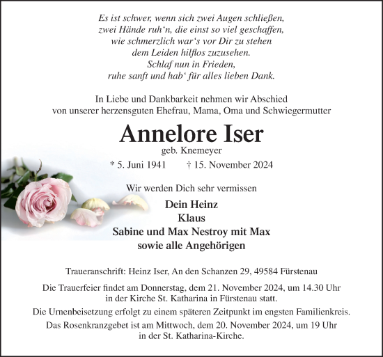 Traueranzeige von Annelore Iser von Neue Osnabrücker Zeitung GmbH & Co. KG