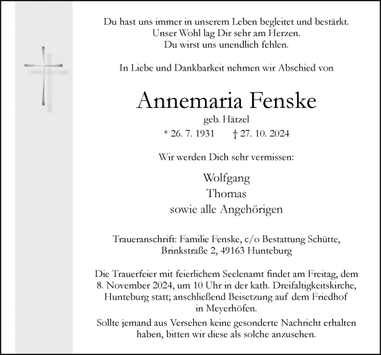 Traueranzeige von Annemaria Fenske von Neue Osnabrücker Zeitung GmbH & Co. KG