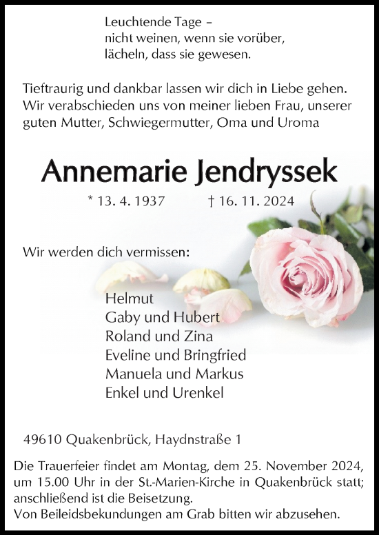 Traueranzeige von Annemarie Jendryssek von Neue Osnabrücker Zeitung GmbH & Co. KG