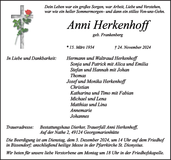 Traueranzeige von Anni Herkenhoff von Neue Osnabrücker Zeitung GmbH & Co. KG