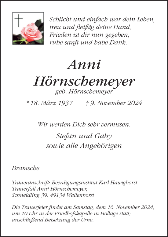 Traueranzeige von Anni Hörnschemeyer von Neue Osnabrücker Zeitung GmbH & Co. KG