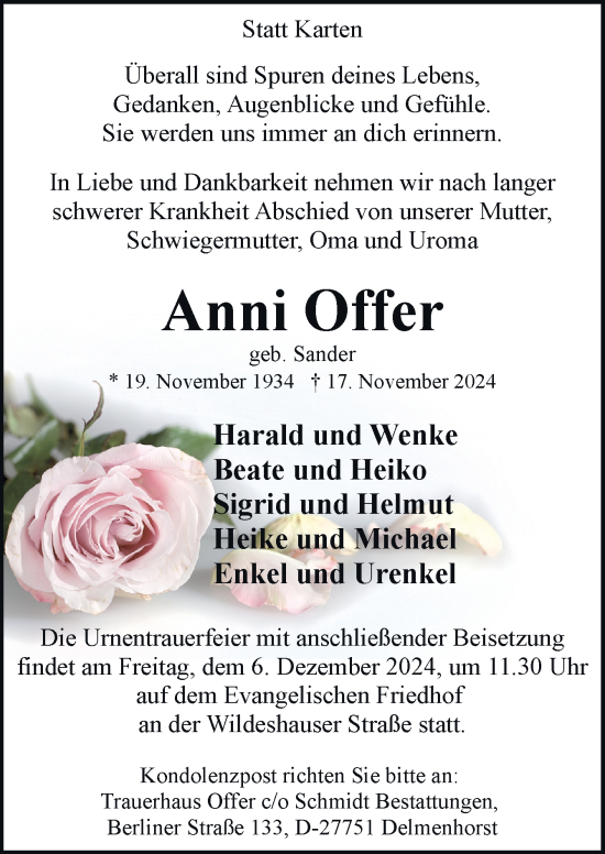 Traueranzeige von Anni Offer von DK Medien GmbH & Co. KG