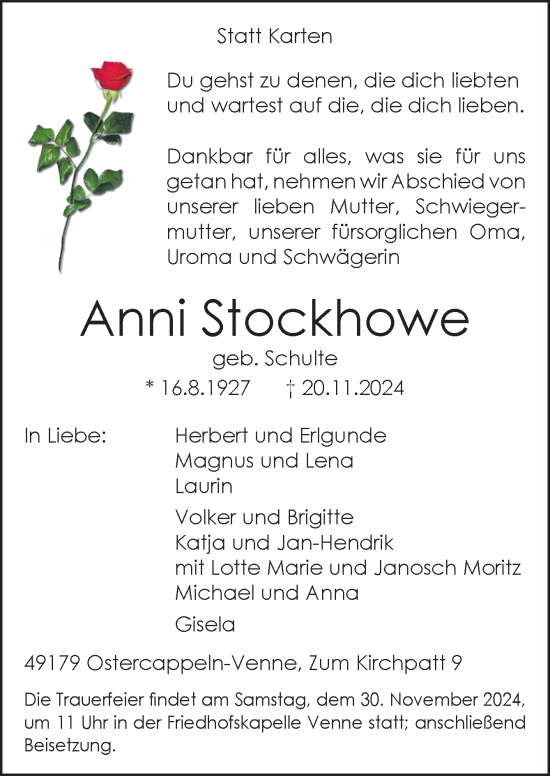 Traueranzeige von Anni Stockhowe von Neue Osnabrücker Zeitung GmbH & Co. KG