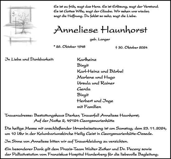 Traueranzeige von Annneliese Haunhorst von Neue Osnabrücker Zeitung GmbH & Co. KG