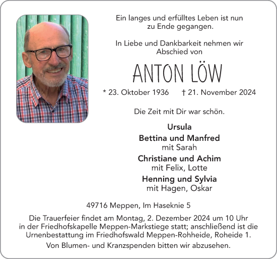 Traueranzeige von Anton Löw von Neue Osnabrücker Zeitung GmbH & Co. KG