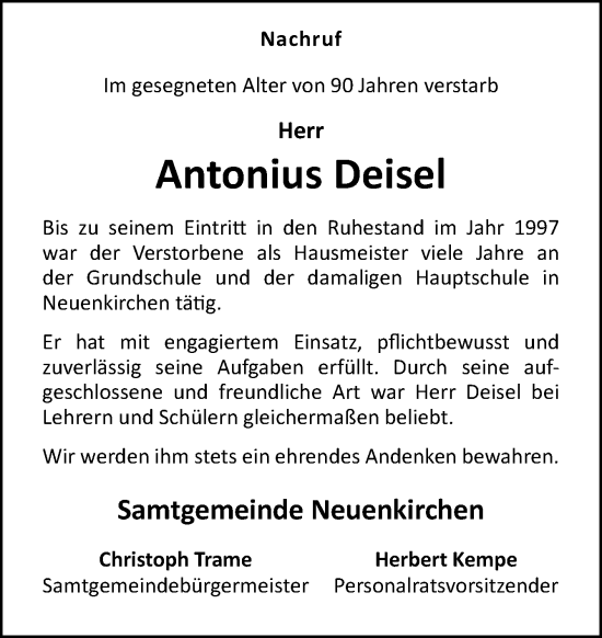 Traueranzeige von Antonius Deisel von Neue Osnabrücker Zeitung GmbH & Co. KG