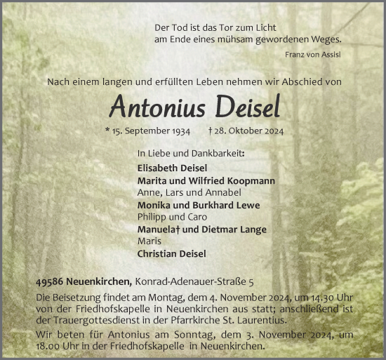 Traueranzeige von Antonius Deisel von Neue Osnabrücker Zeitung GmbH & Co. KG