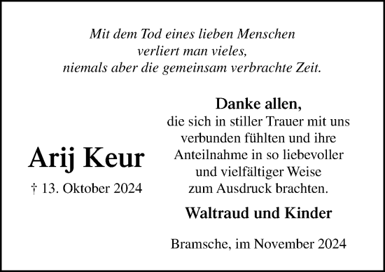 Traueranzeige von Arij Keur von Neue Osnabrücker Zeitung GmbH & Co. KG