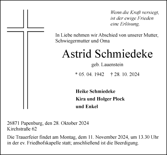 Traueranzeige von Astrid Schmiedeke von Neue Osnabrücker Zeitung GmbH & Co. KG