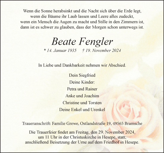 Traueranzeige von Beate Fengler von Neue Osnabrücker Zeitung GmbH & Co. KG